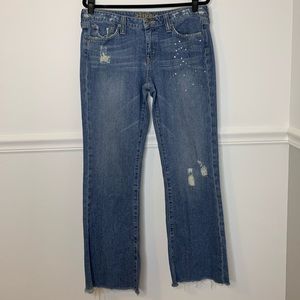 Hippie Brand Rhinestone Low Rise Raw Hem Blue Jeans Distressed Destroyed Boho